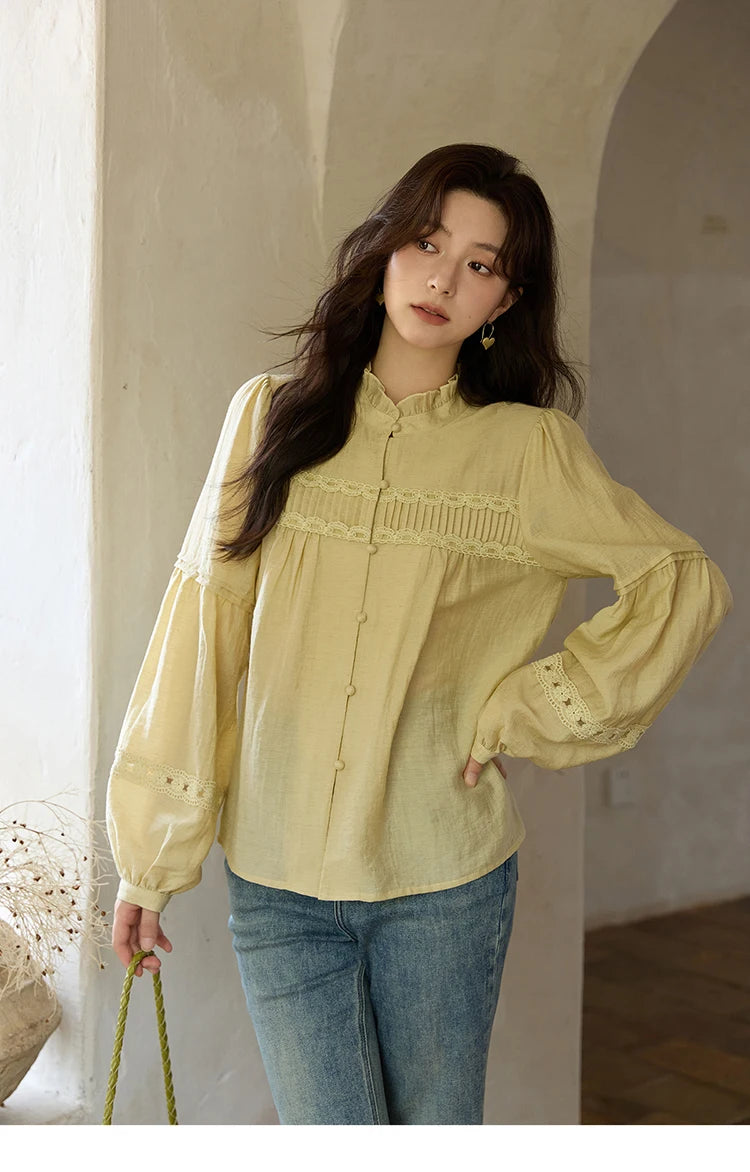 MISHOW Women's Light Yellow Linen Shirt Stand Collar Lace Sleeves MXE42X1976