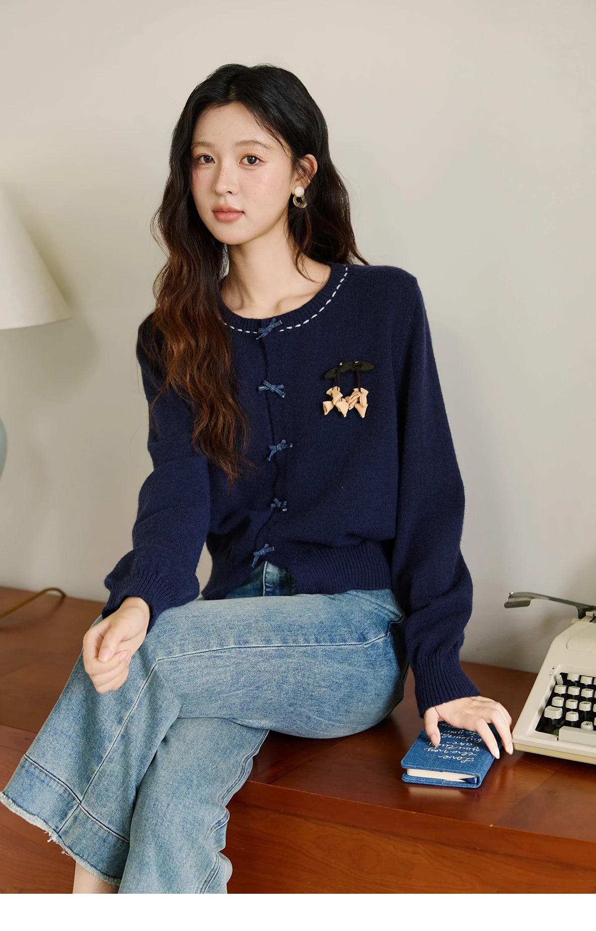 Mishow Bow Placket Lantern Sleeve Cardigan with Brooch MXE45Z1377
