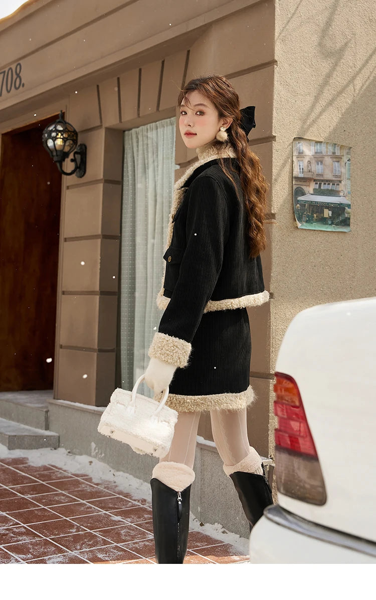Mishow French Corduroy Patchwork Jacket & Mini Skirt Set MXC57W0180