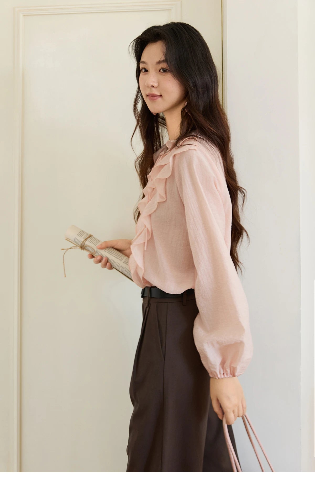 MISHOW Pink Ruffled Blouse V-Neck Lace Up Lantern Sleeve MXE49X2504