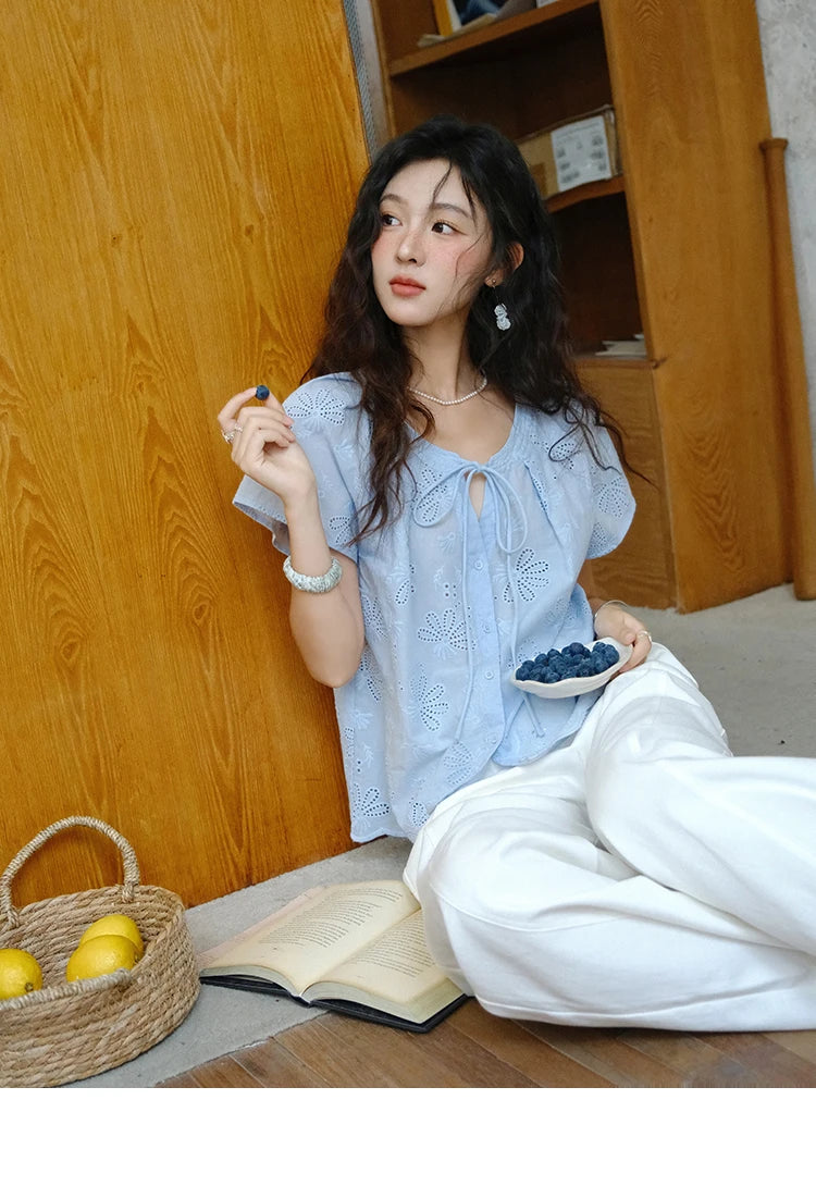 MISHOW Cotton Shirt O-Neck Button Lace Up Hollow Embroidery MXE37X1890