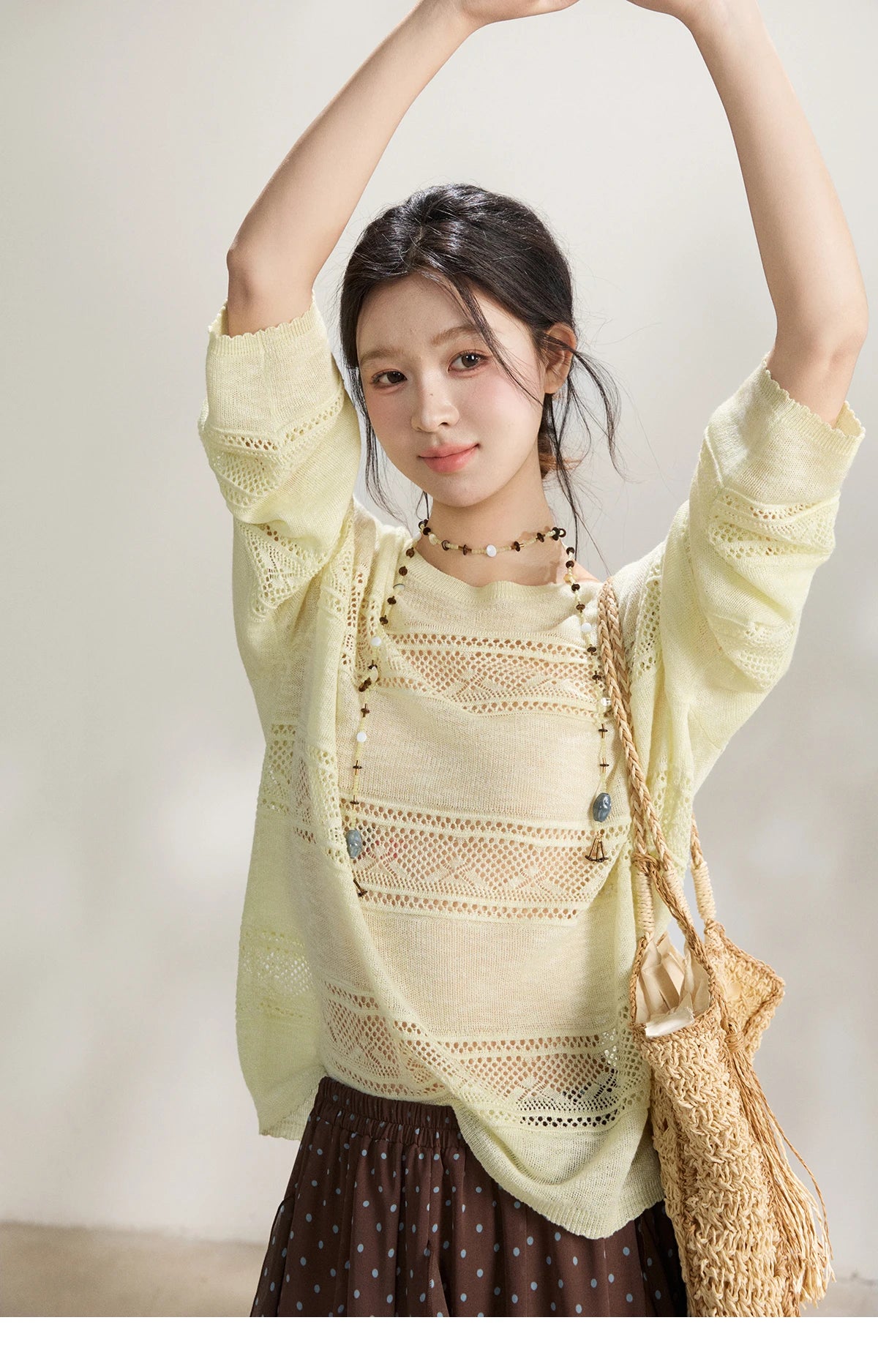 Mishow Pale Yellow Crew Neck Hollow Top MXF13Z3020