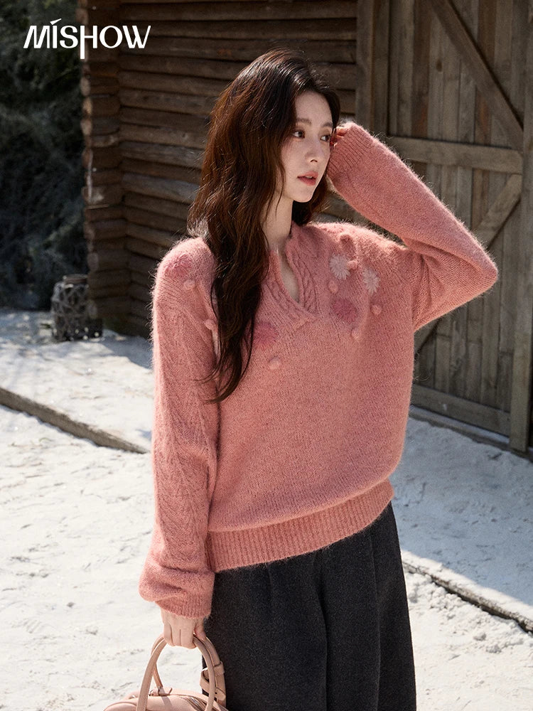 Mishow Raspberry Pink Floral Pom-Pom V-Neck Sweater MXE86Z2740