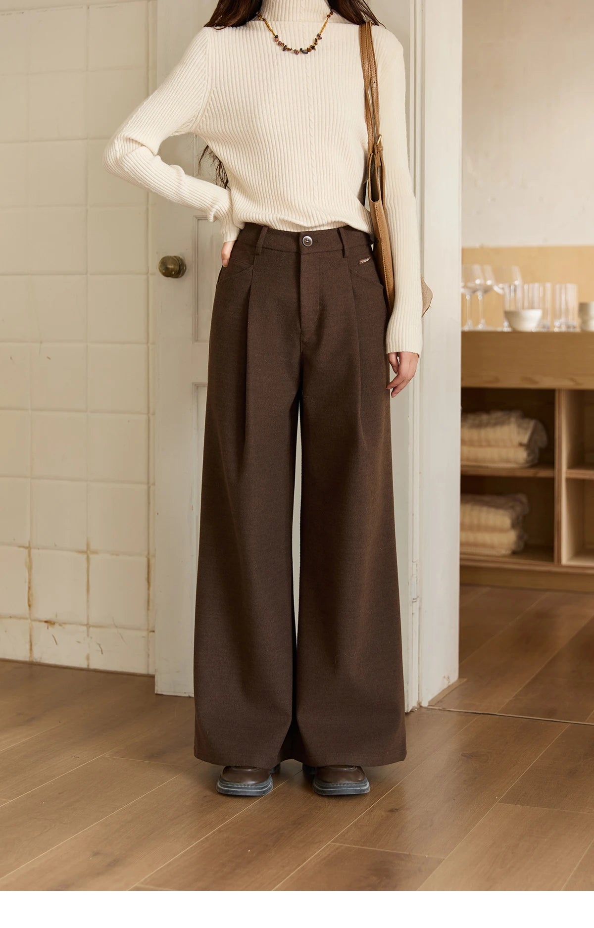 MISHOW Brown Wide-Leg Pants High Waist Drape Trousers MXE51K1094