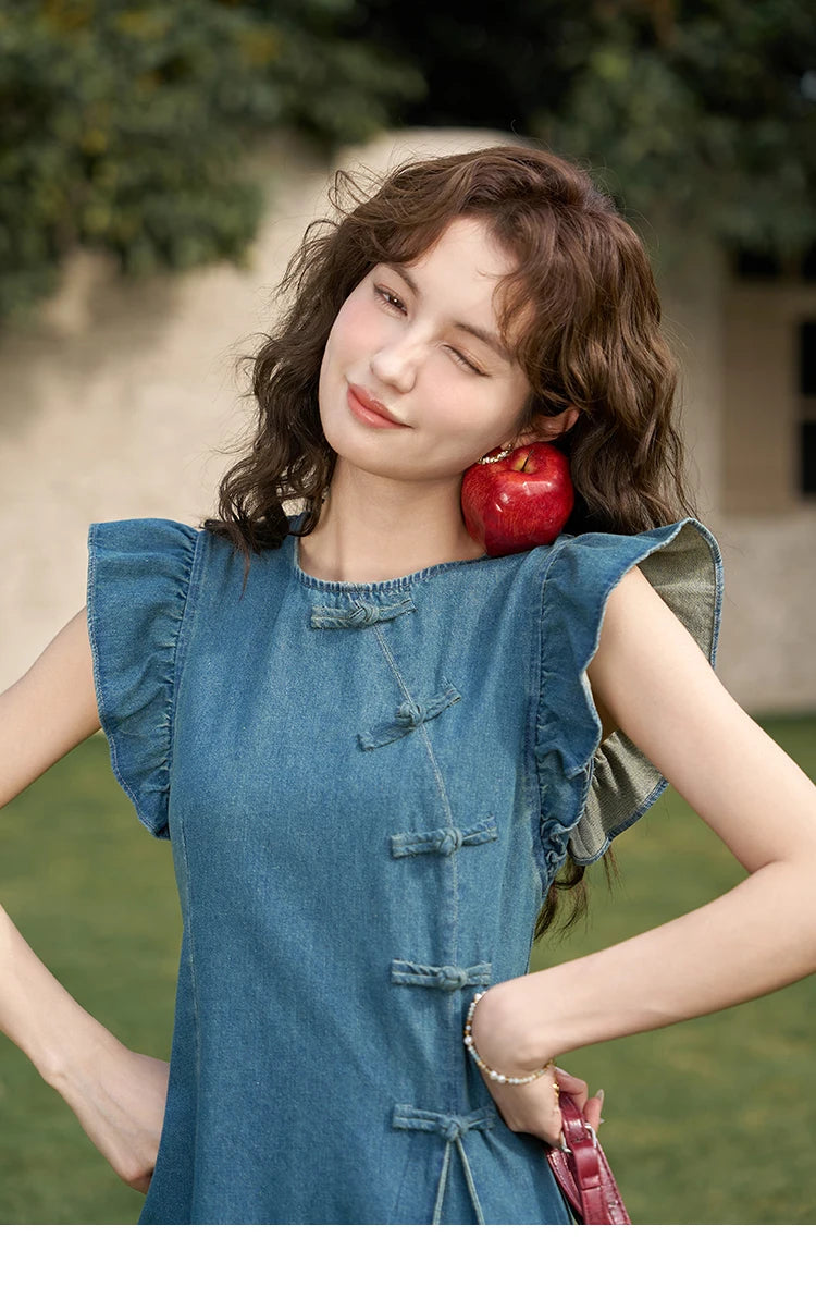 Mishow Chinese Flying Sleeve Split Denim Dress MXD22L1851