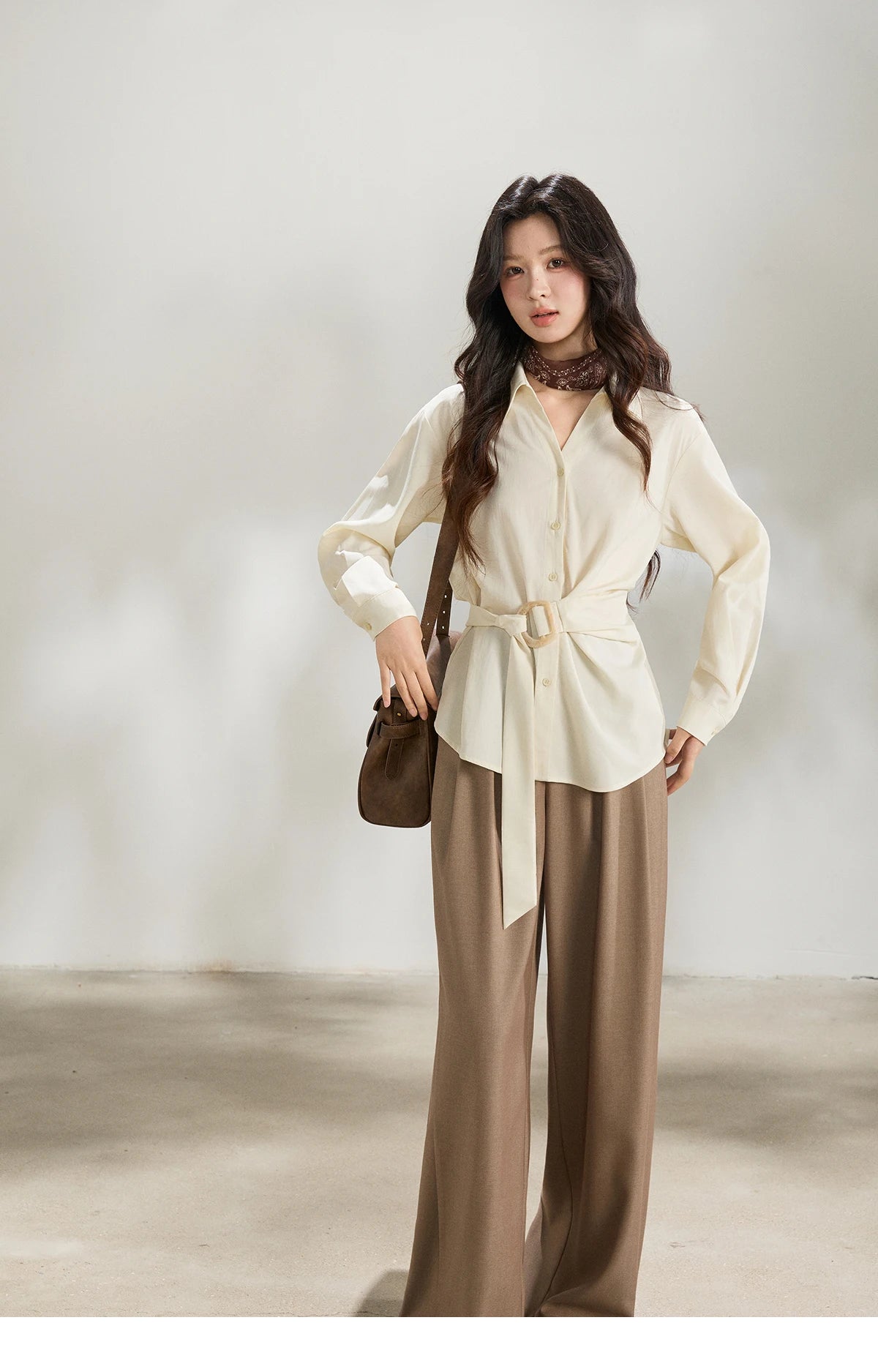 MISHOW Lapel Collar Shirt with Belted Waist Soft Beige MXF13C2452