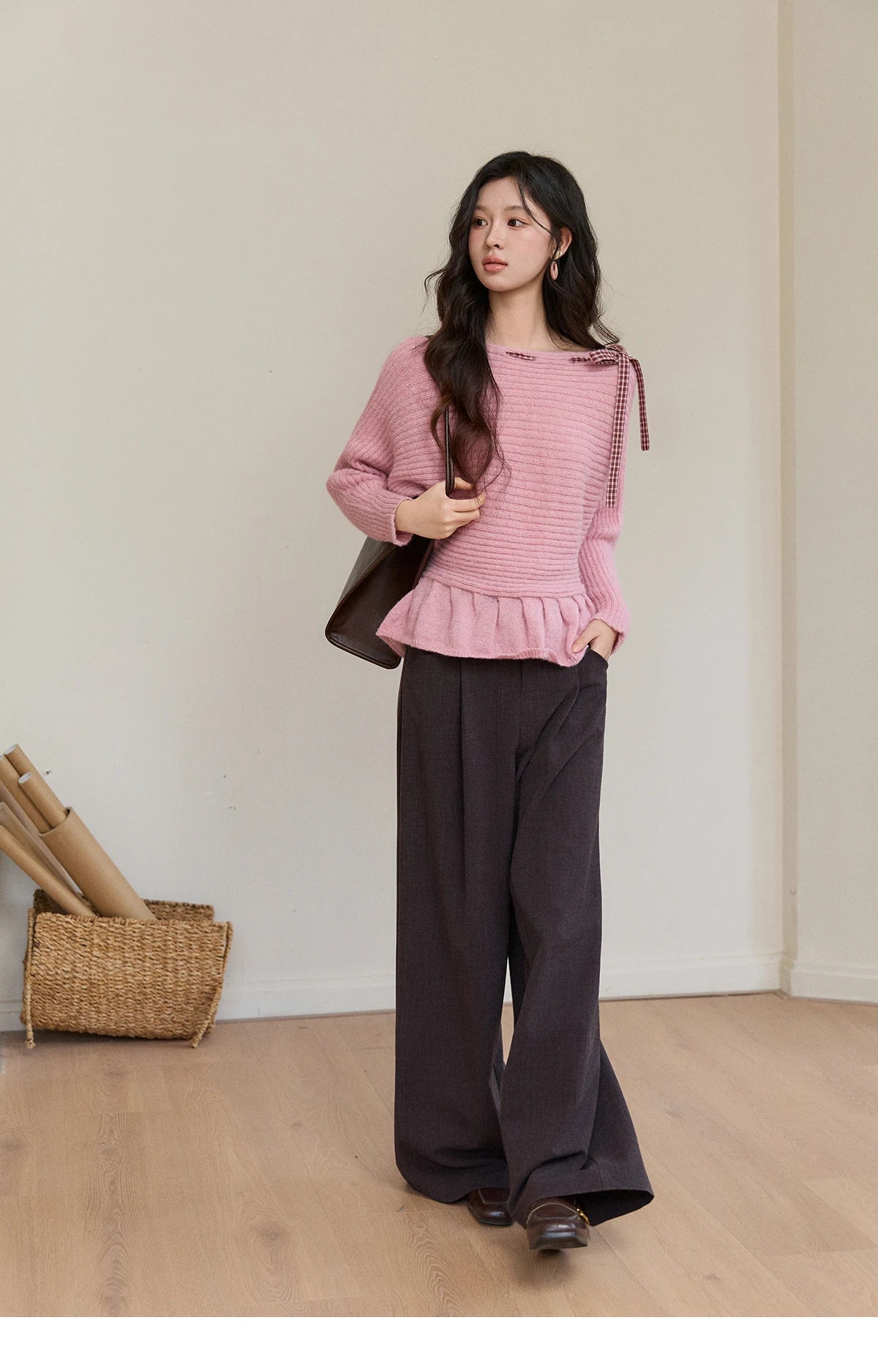 Mishow Pink Plaid Bow Peplum Ribbed Sweater MXF11Z3016