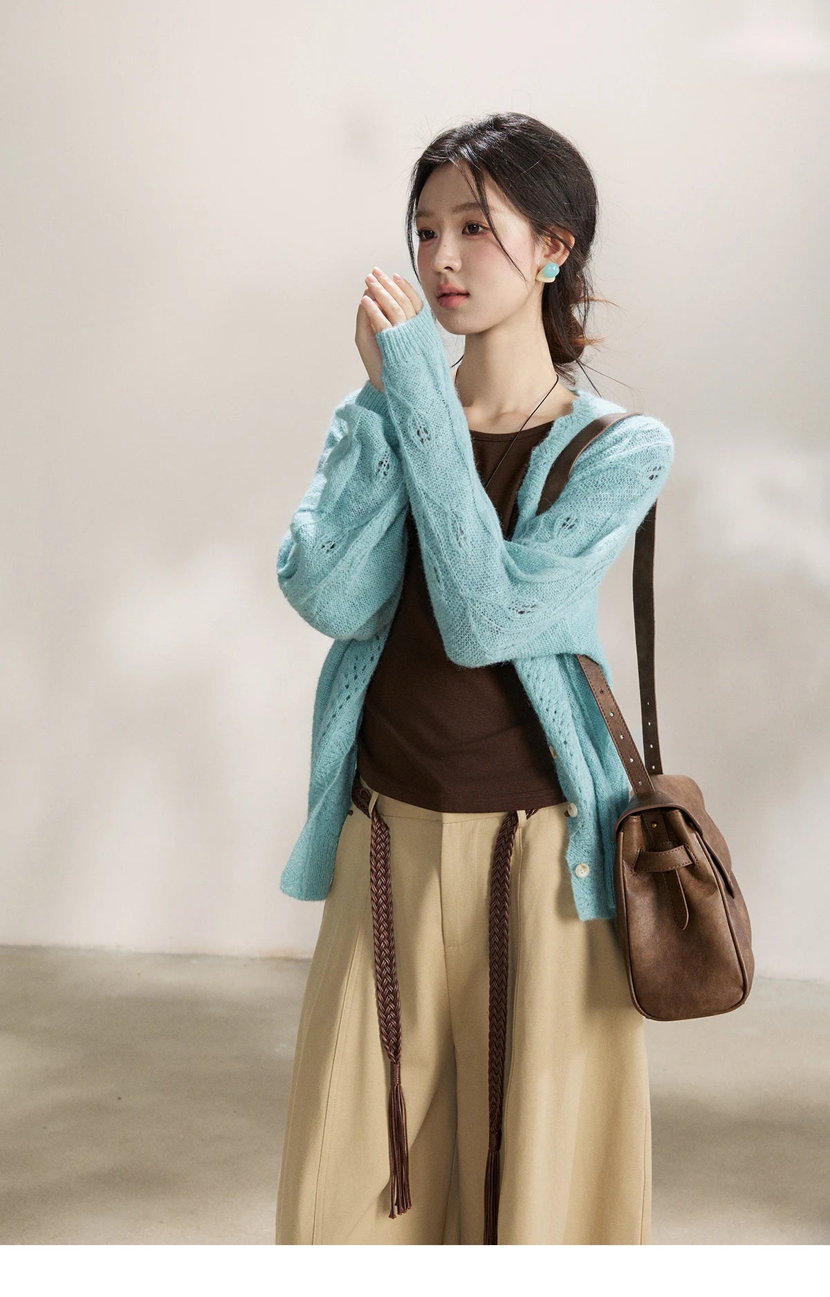 Mishow Blue Hollow Out V-Neck Wool Cardigan MXF13Z2975