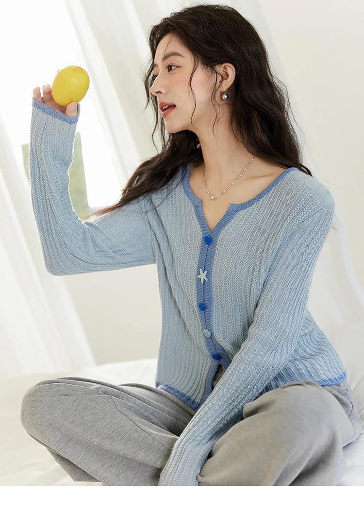 Mishow Blue V-Neck Shell Button Wool Blend Sweater MXE14Z1184