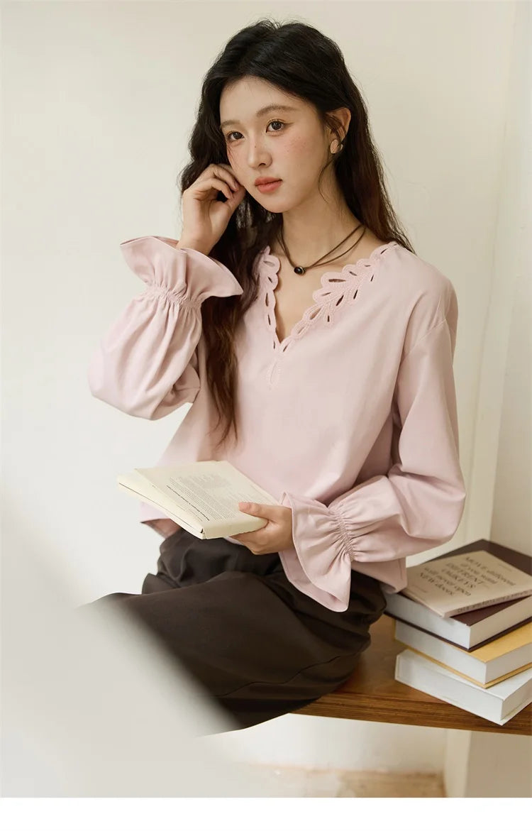 MISHOW French Style Hollow Out V-Neck Pink Blouse Long Sleeves MXE48X2502