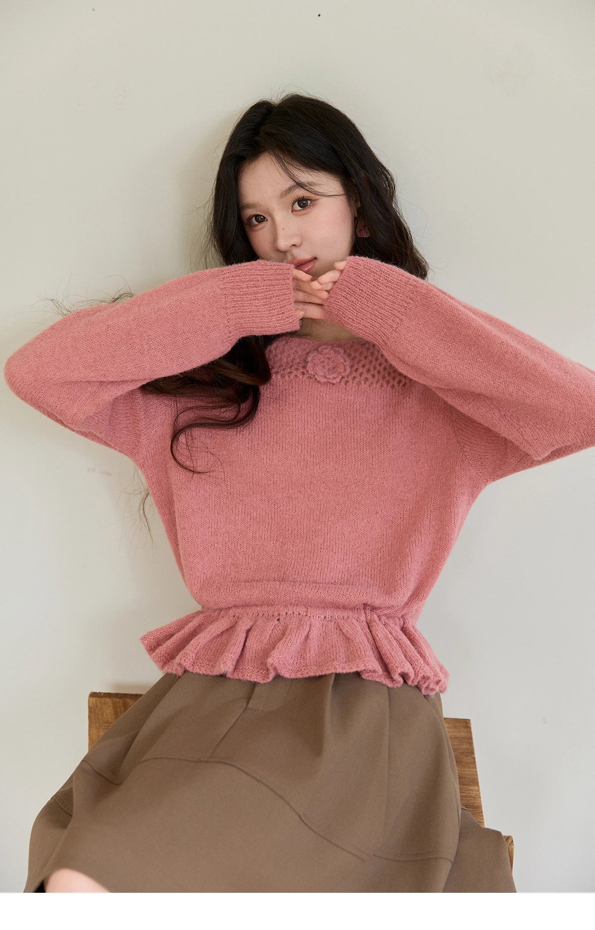 Mishow Pink Hollow Floral Ruffled Hem Sweater MXE94Z2865