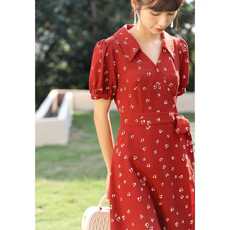 Mishow Red Chiffon V-Neck Floral Midi Dress MXA29L0356
