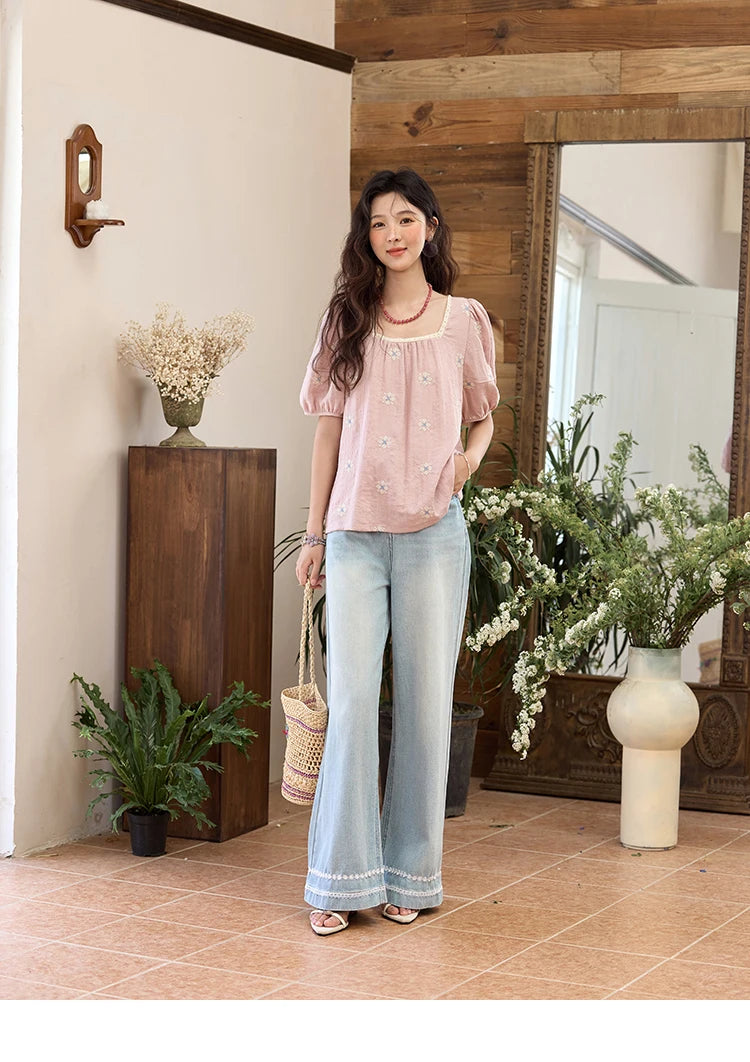 Mishow Denim Blue Lace Straight Leg Jeans MXE35K0947