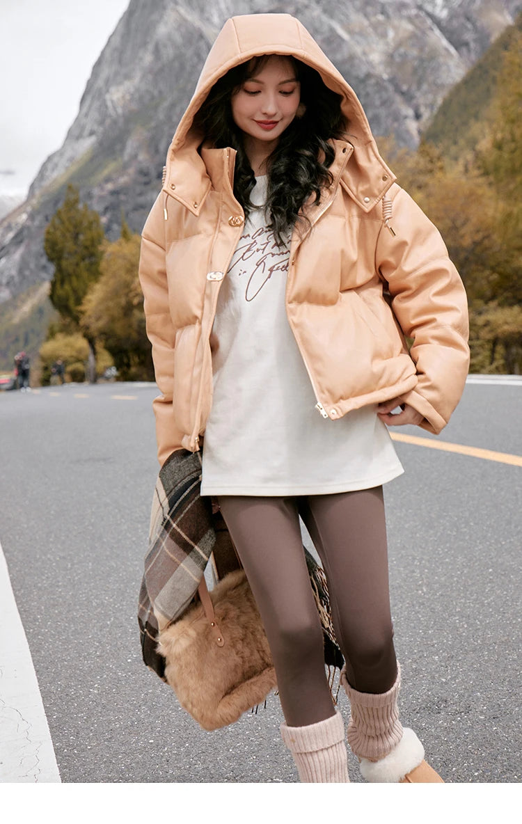 Mishow Hooded Imitation Leather Short Down Jacket MXC52Y0008