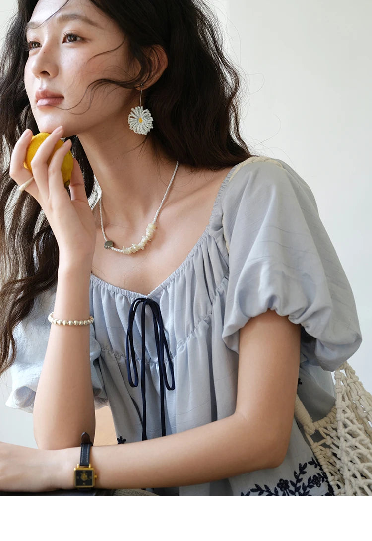 MISHOW Blue Print Blouse Square Neck Lace Up Puff Sleeve MXE36X1799