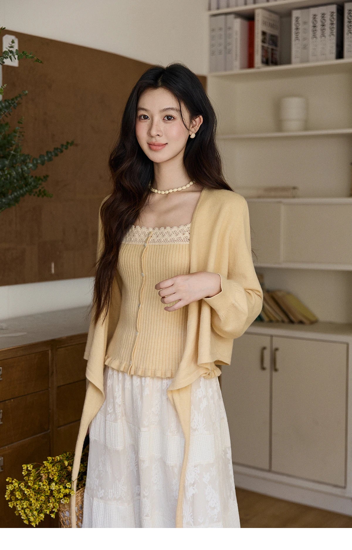 Mishow Yellow Ruffled Camisole & Lace Cardigan Set MXF11T1472
