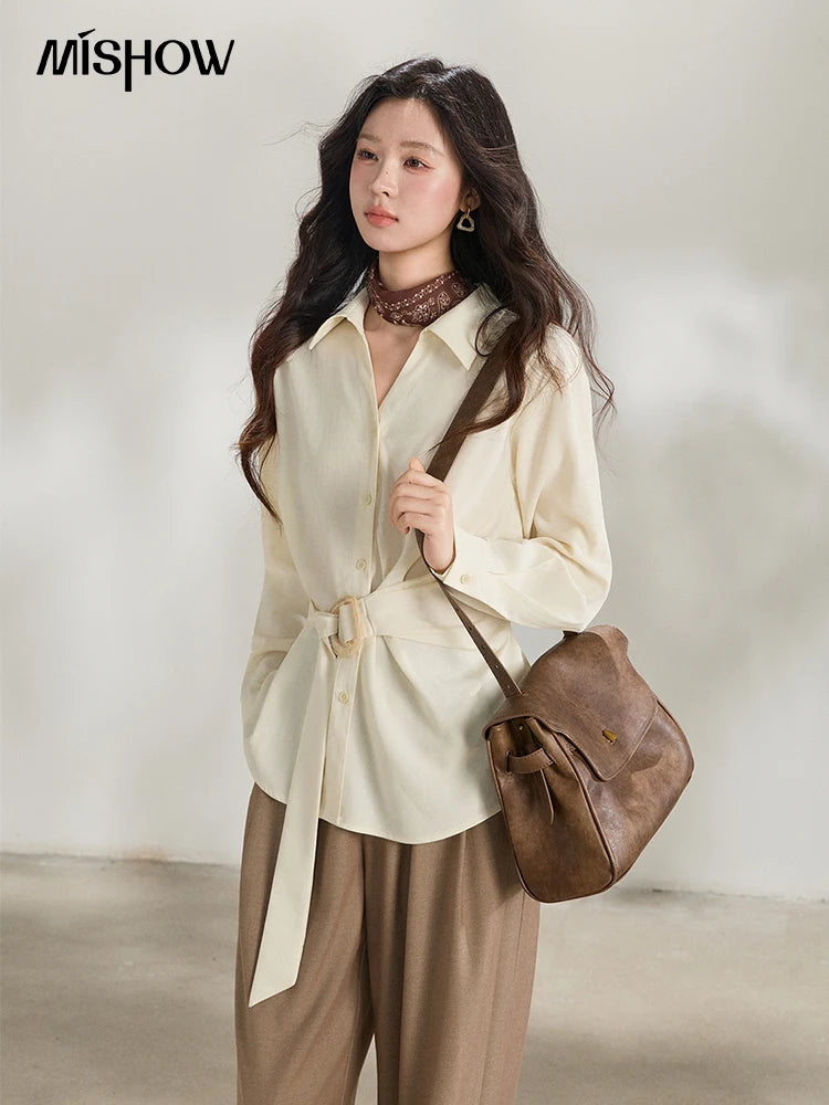 MISHOW Lapel Collar Shirt with Belted Waist Soft Beige MXF13C2452