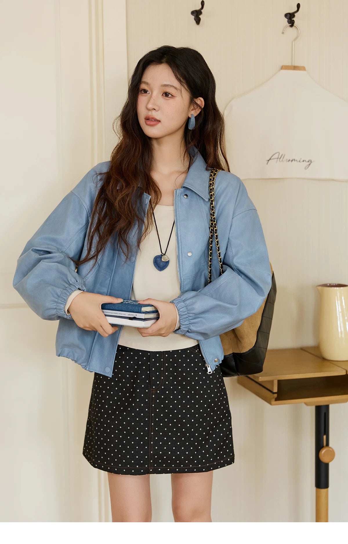 MISHOW Blue Short Jacket Hip-Hop Style Loose Zipper Pu Leather MXE45W0822