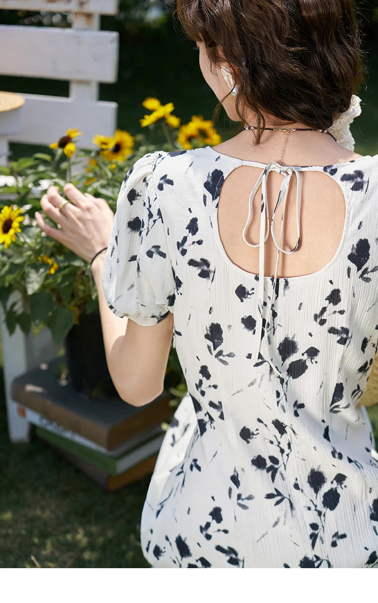 Mishow Lace-Up U-Neck Bubble Sleeve Floral Dress MXD14L1765