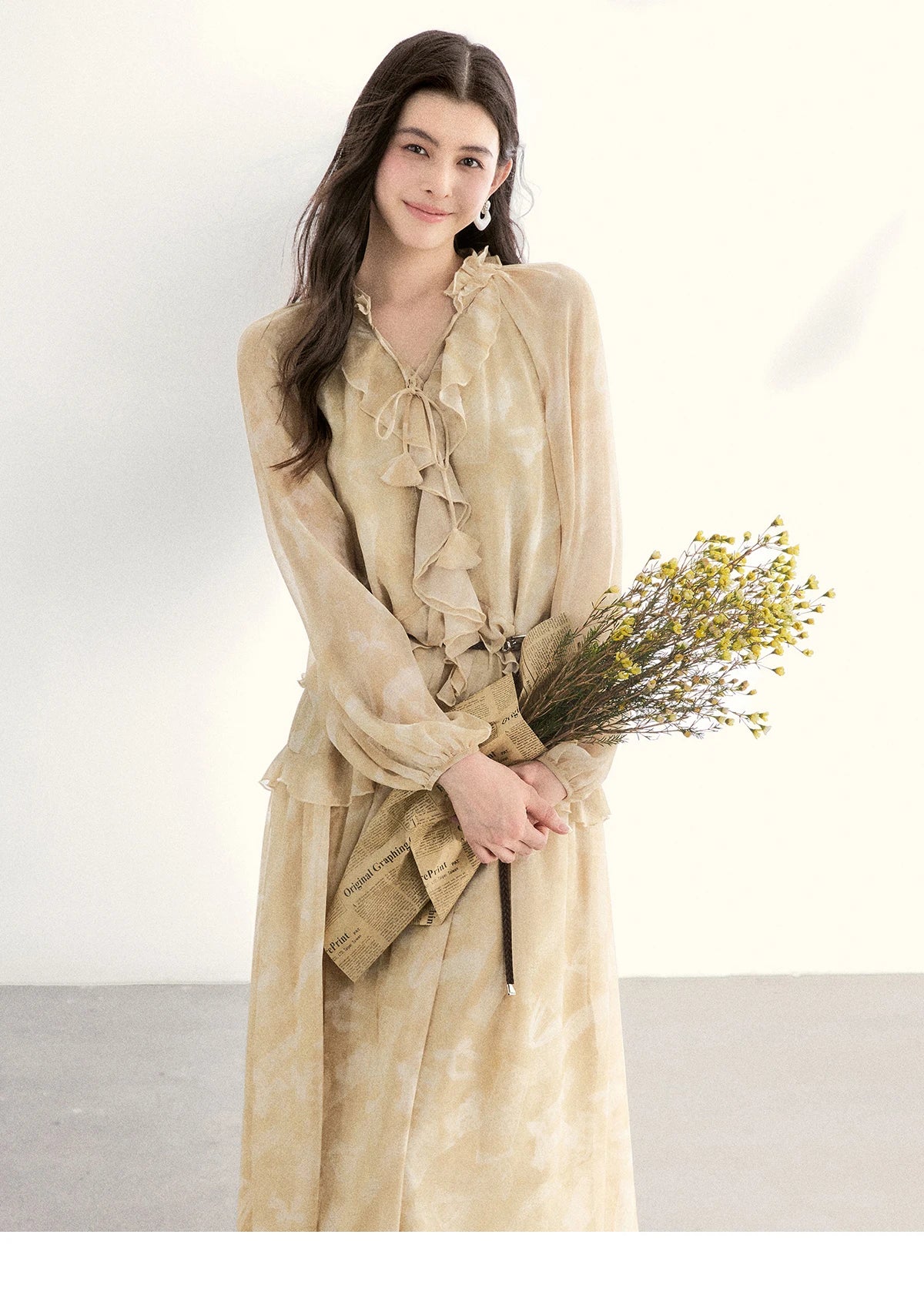 MISHOW Light Yellow Chiffon Maxi Dress V-Neck Ruffled Belted MXF11L2554