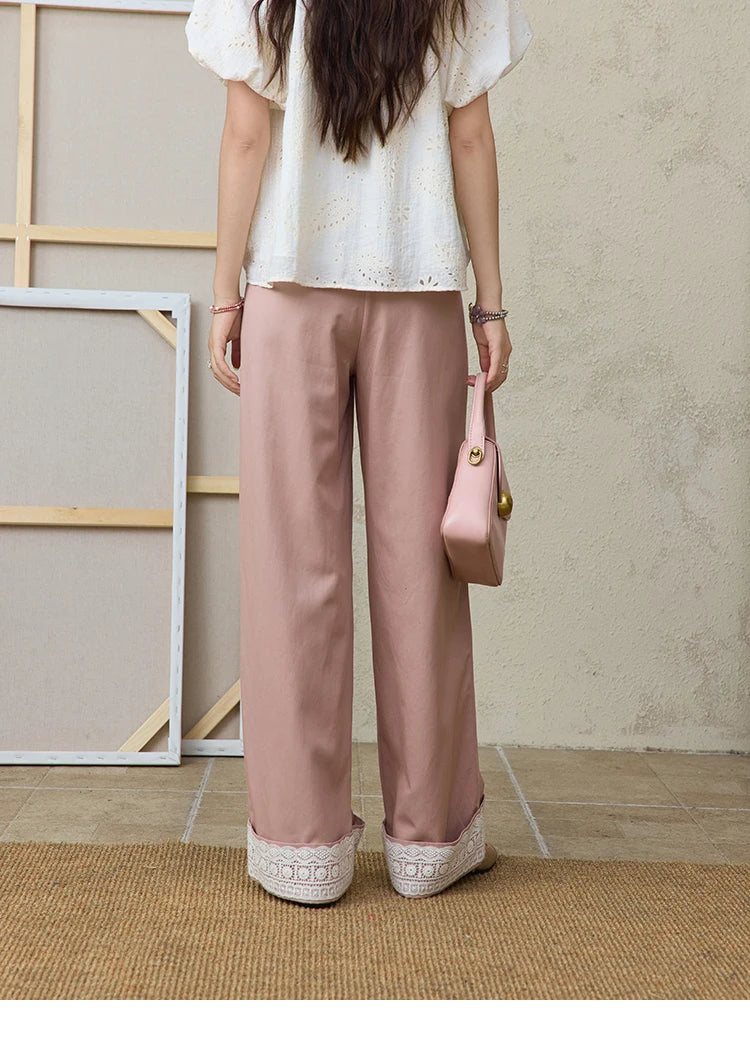 MISHOW Hem Lace Hollow Out Wide Leg Pants High Waist Pink MXE31K0900