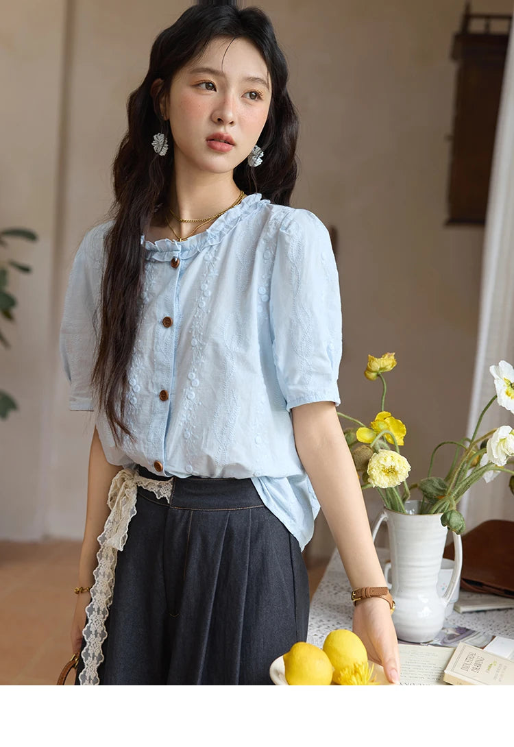 MISHOW 100% Cotton Puff Sleeve Shirt Round Neck Button MXE36X1873