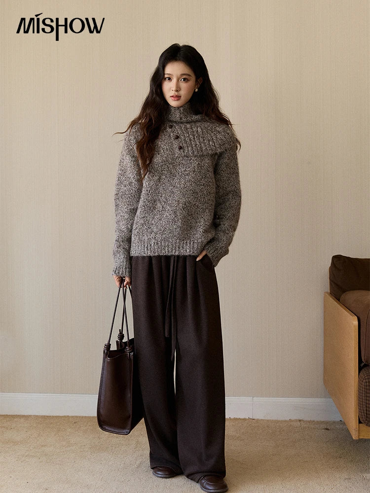 Mishow Gray Textured Button Sweater with Neckwear Scarf MXE94Z2978