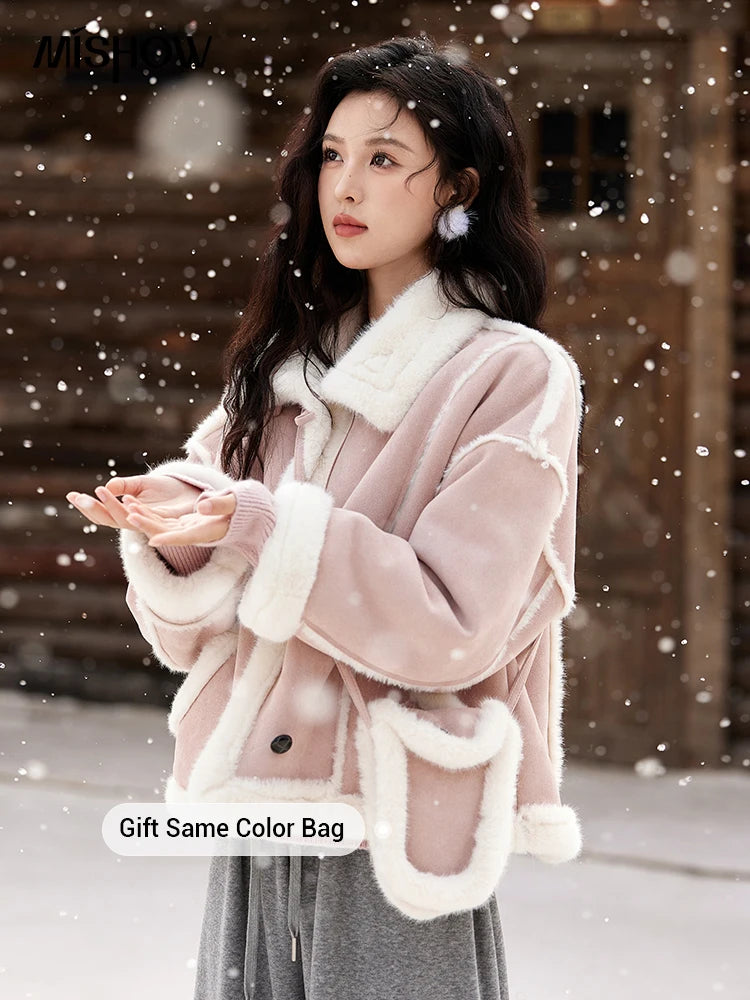 Mishow Suede Plush Fur Collar Jacket with Bag MXD57W0737
