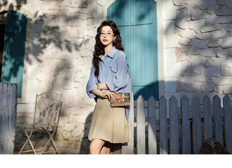 MISHOW Blue Striped Shirt Pocket Turn-Down Collar MXE11C0399