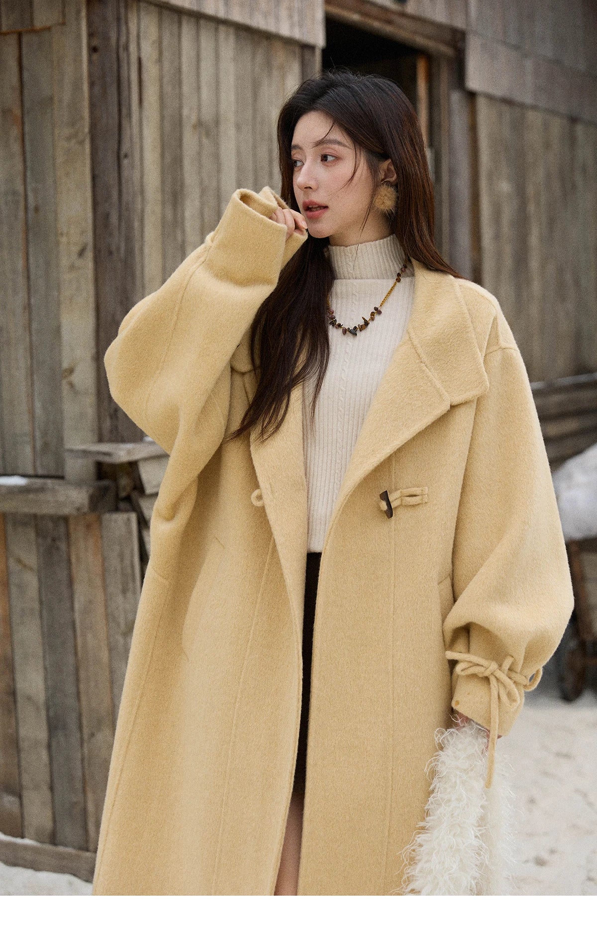 Mishow Yellow 100% Wool Double-Faced Turtleneck Coat MXE51W0902