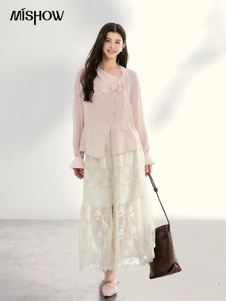 MISHOW Pink Asymmetrical Ruffled Collar Blouse Puff Sleeve MXF11X2520