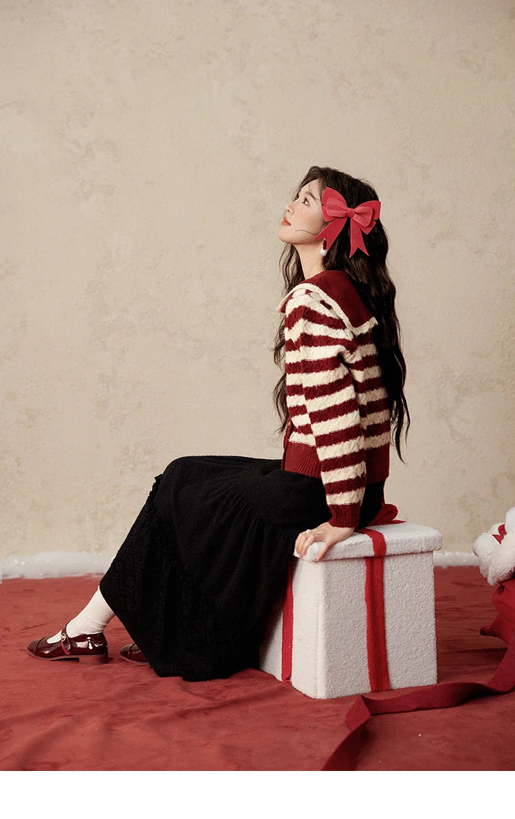 Mishow Christmas Red Striped Wool Blend Cropped Cardigan MXD58Z1038