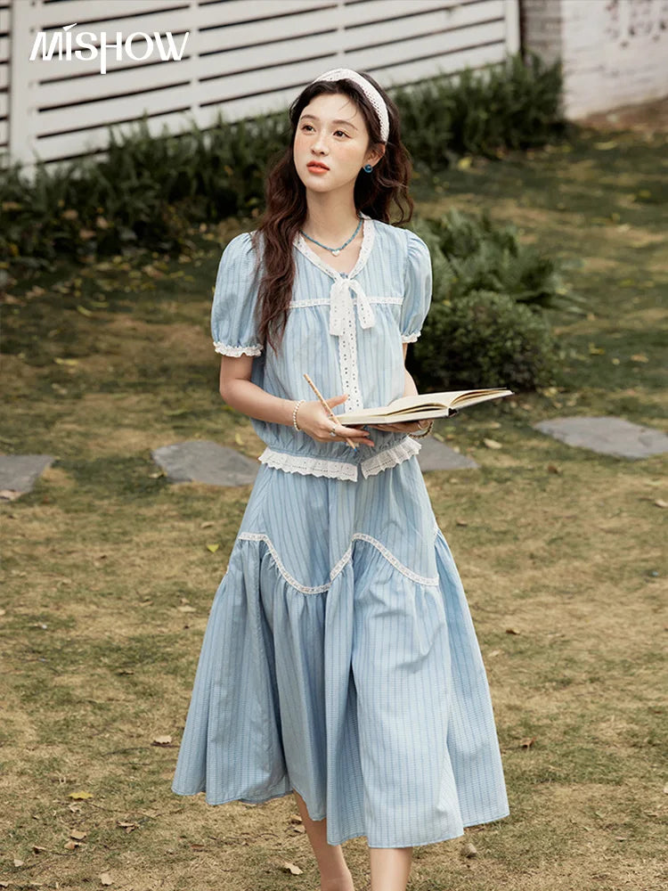 Mishow Blue Stripe V-Neck Top & A-Line Skirt Set MXE31T0531