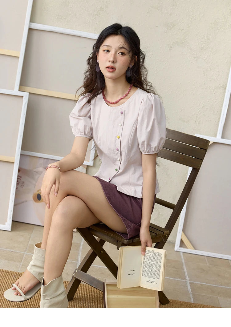 MISHOW Bubble Sleeve Blouse Irregular Placket Rainbow Buttons MXE34X1782
