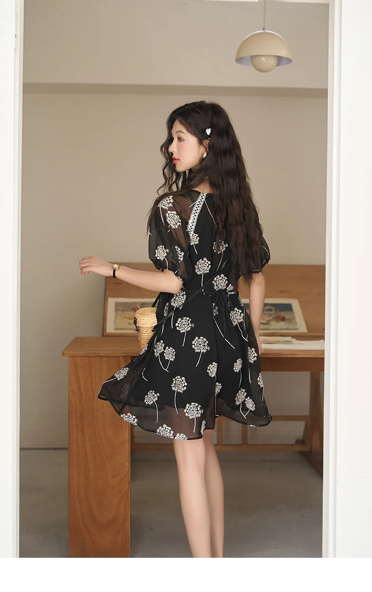 Mishow Taraxacum Black Embroidered Lace-Up Dress MXC39L1567