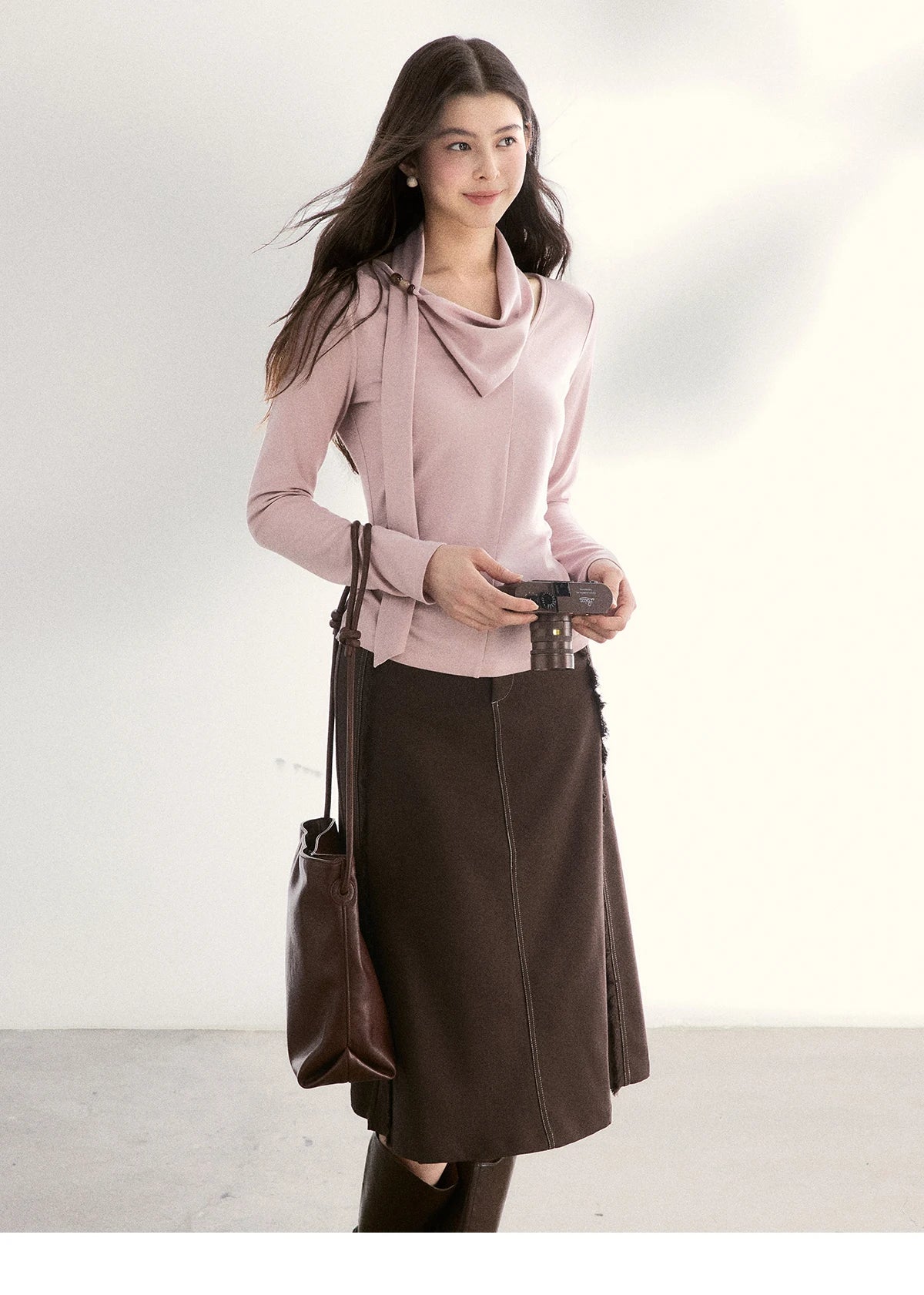 Mishow Pink Scarf Neck Color Collision Bead Top MXF108Z1025