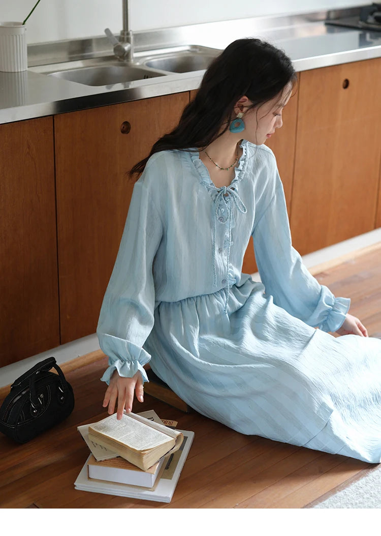 Mishow Light Blue Linen V-Neck Lace-Up Shirt & Elastic Skirt Set MXE41T0700