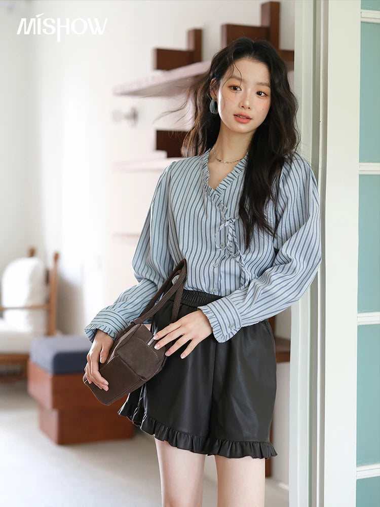 MISHOW Blue Striped Velvet Shirt V-Neck Asymmetrical Lace-Up MXE42X2472