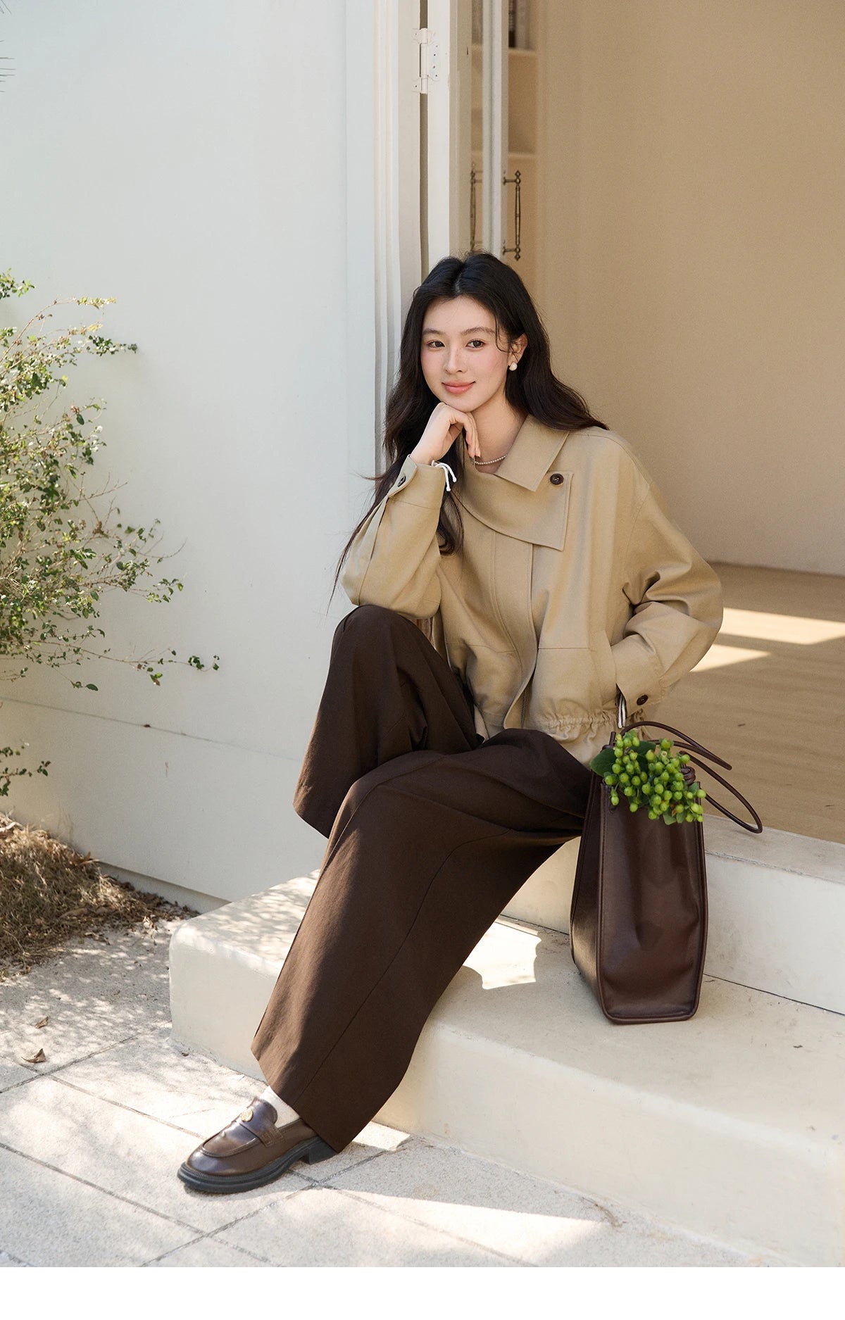 MISHOW Khaki Cropped Jacket Asymmetrical Collar Drawstring Waist MXF11W1029