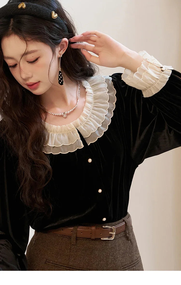MISHOW French Retro Velvet Blouse Button Down O Neck MXC51X1323