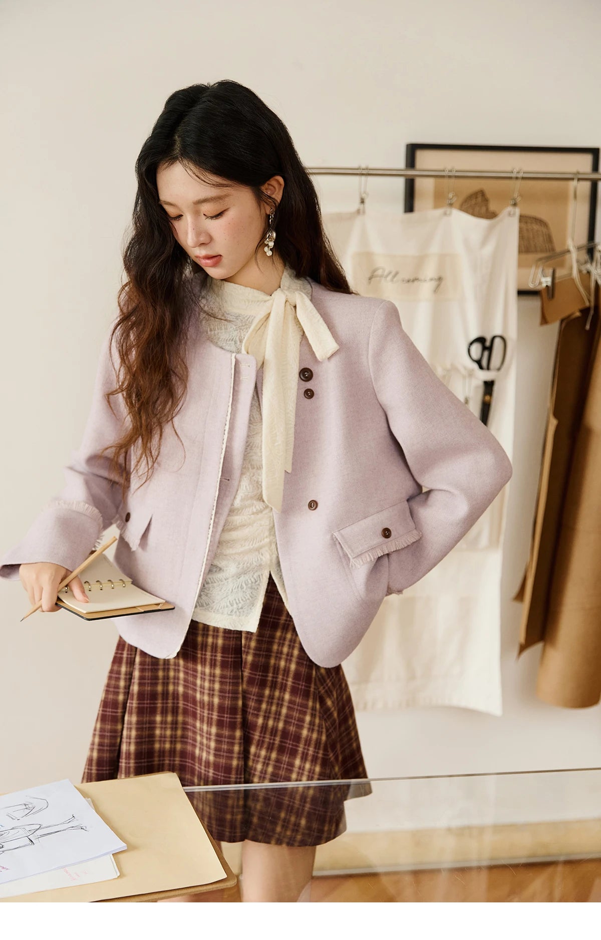 MISHOW Purple Woolen Coat Slanted Placket Splicing Lace Shoulder Pads MXE47W0840