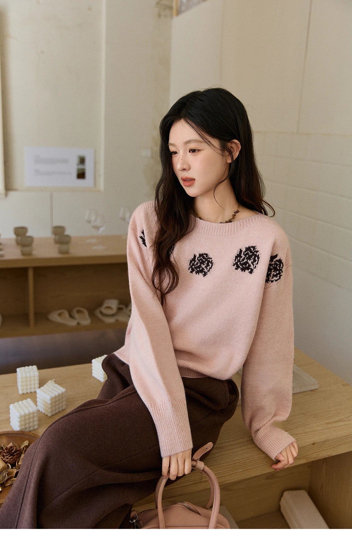 Mishow Pink Jacquard Lantern Sleeve Drop Shoulder Sweater MXE91Z2775