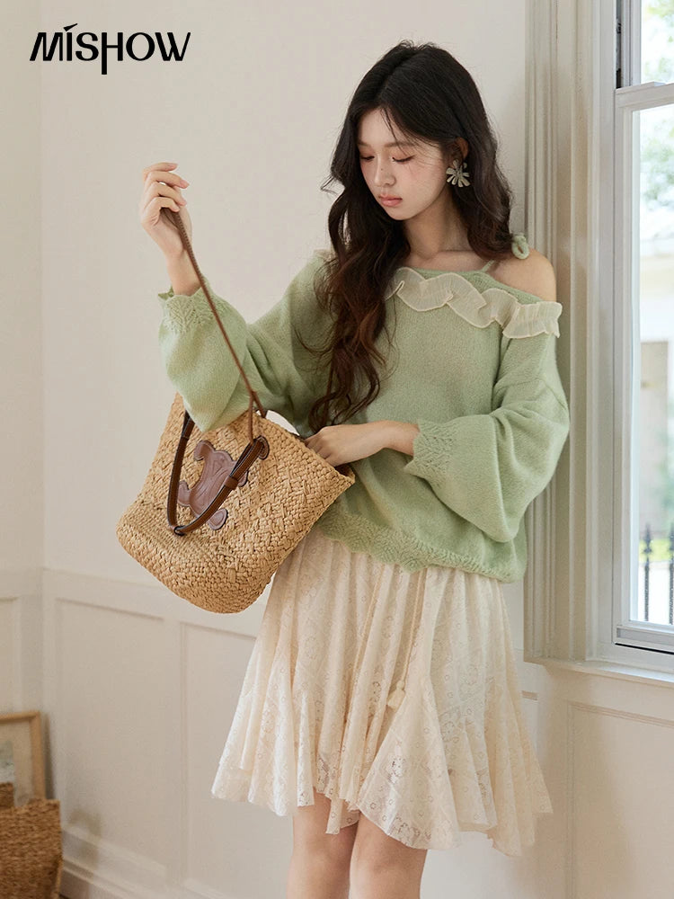 Mishow Light Green Asymmetrical Exposed Shoulder Top MXF108Z1027