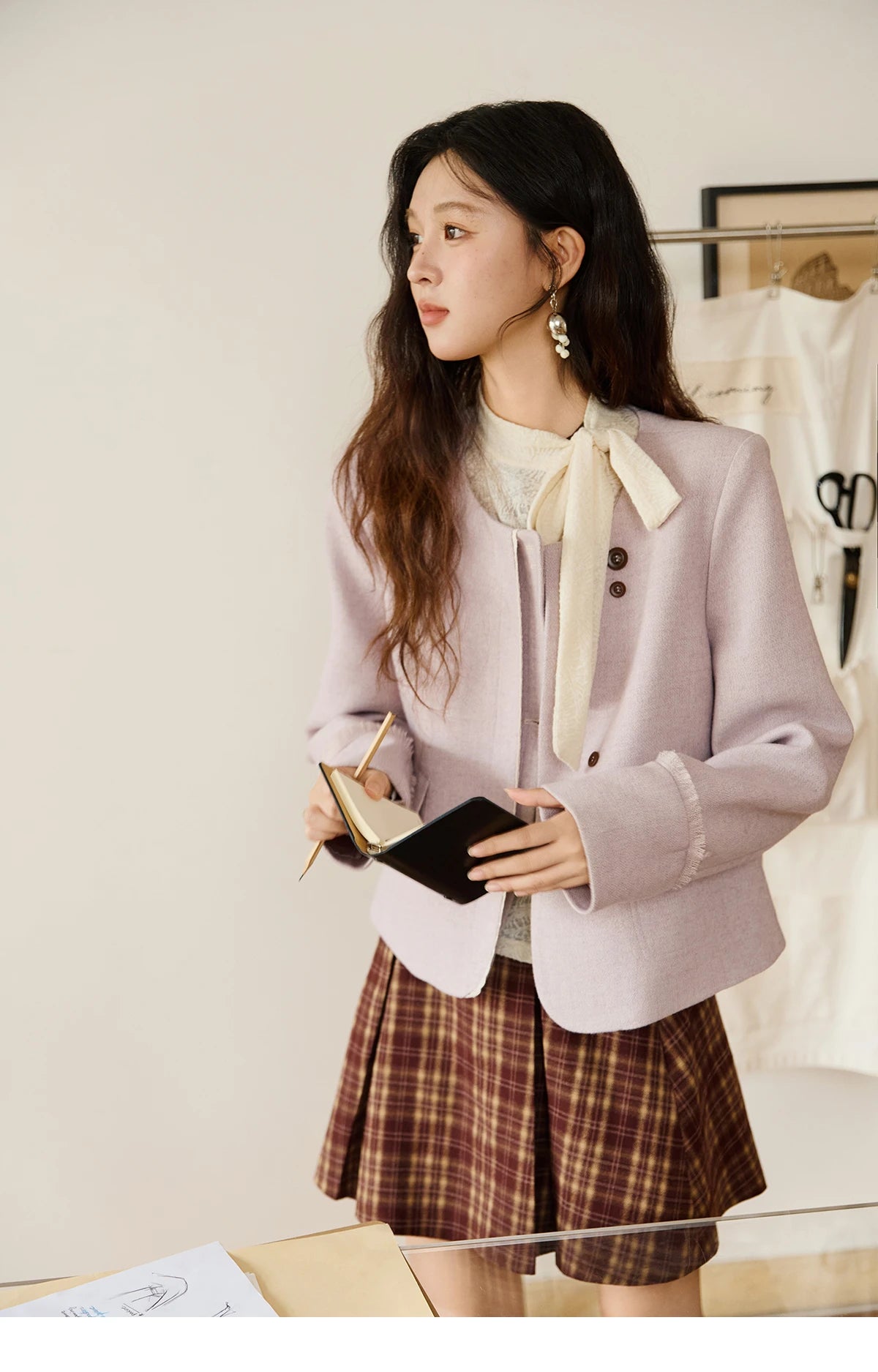 MISHOW Purple Woolen Coat Slanted Placket Splicing Lace Shoulder Pads MXE47W0840