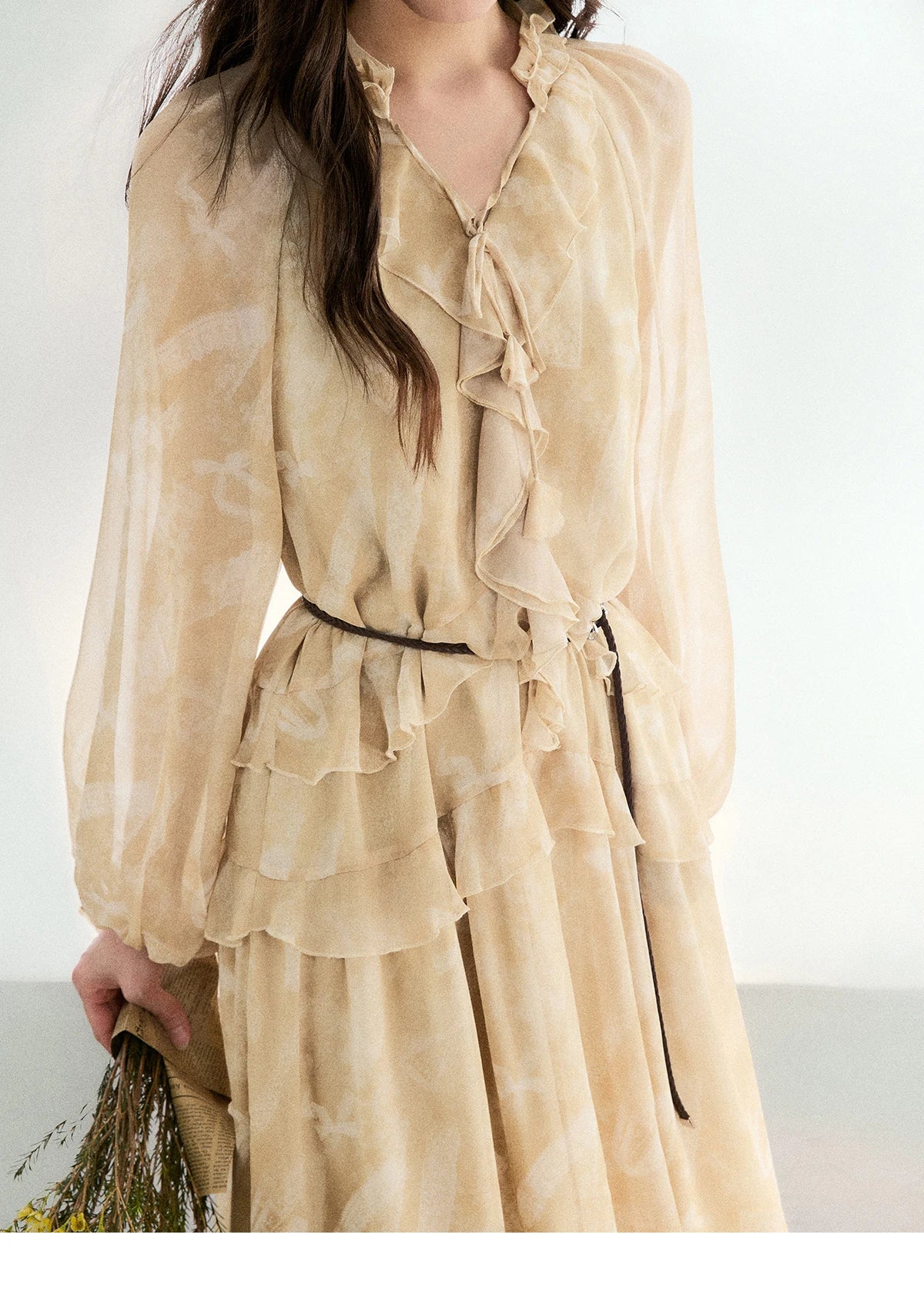 MISHOW Light Yellow Chiffon Maxi Dress V-Neck Ruffled Belted MXF11L2554