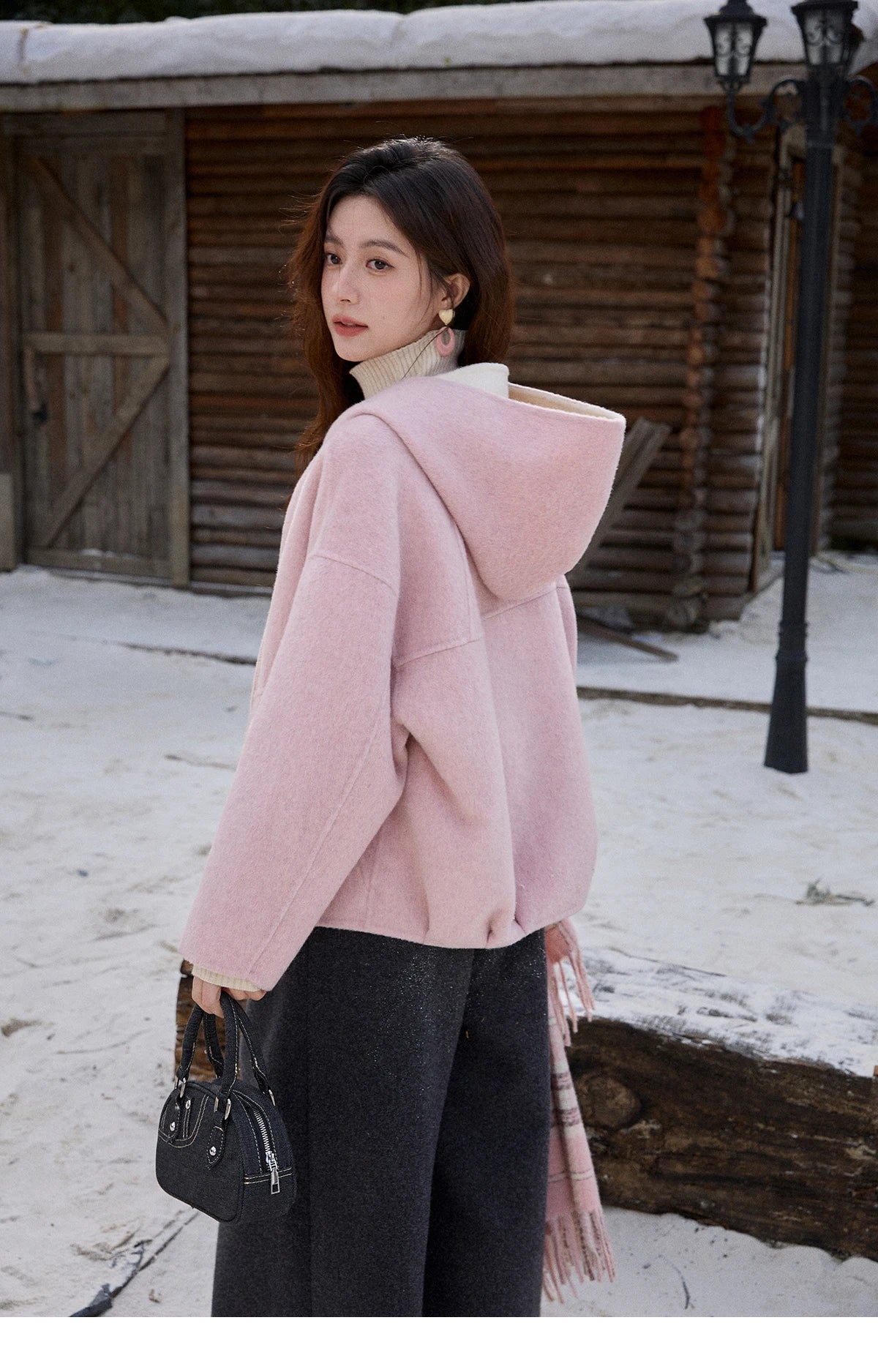 Mishow Pink Wool Hooded Bow Tie Strap Coat MXE91W1010
