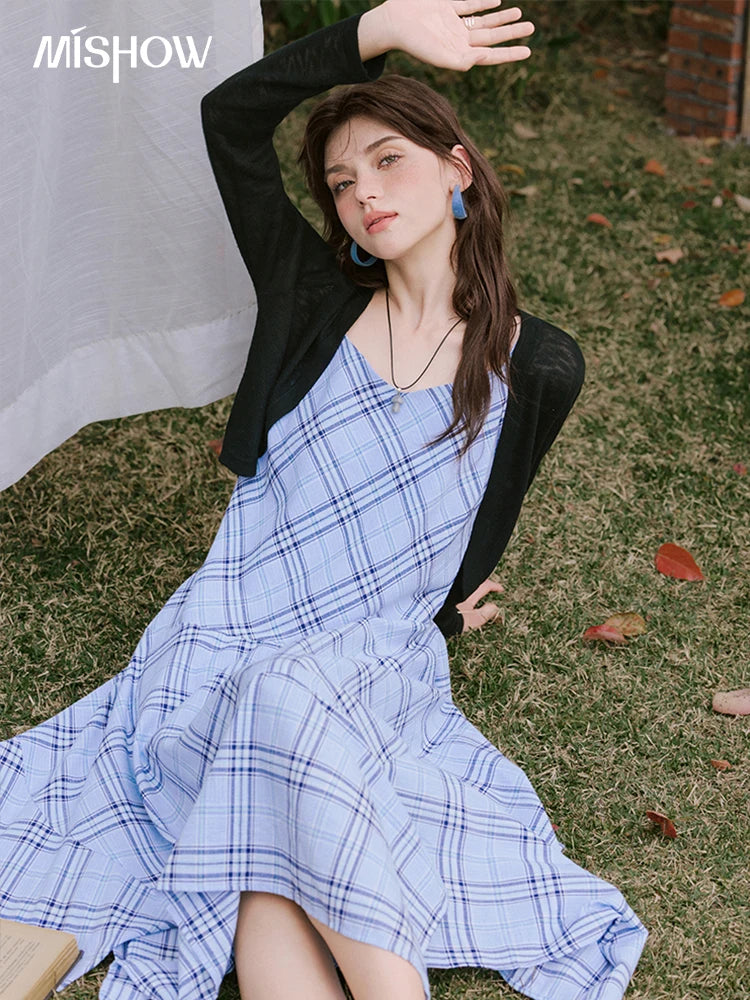 Mishow Blue Plaid Sleeveless A-Line Dress MXE33L2260