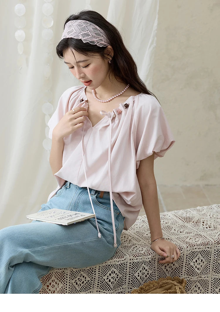 MISHOW V-Neck Puff Sleeve Blouse Beaded Retro Top MXE33X1757