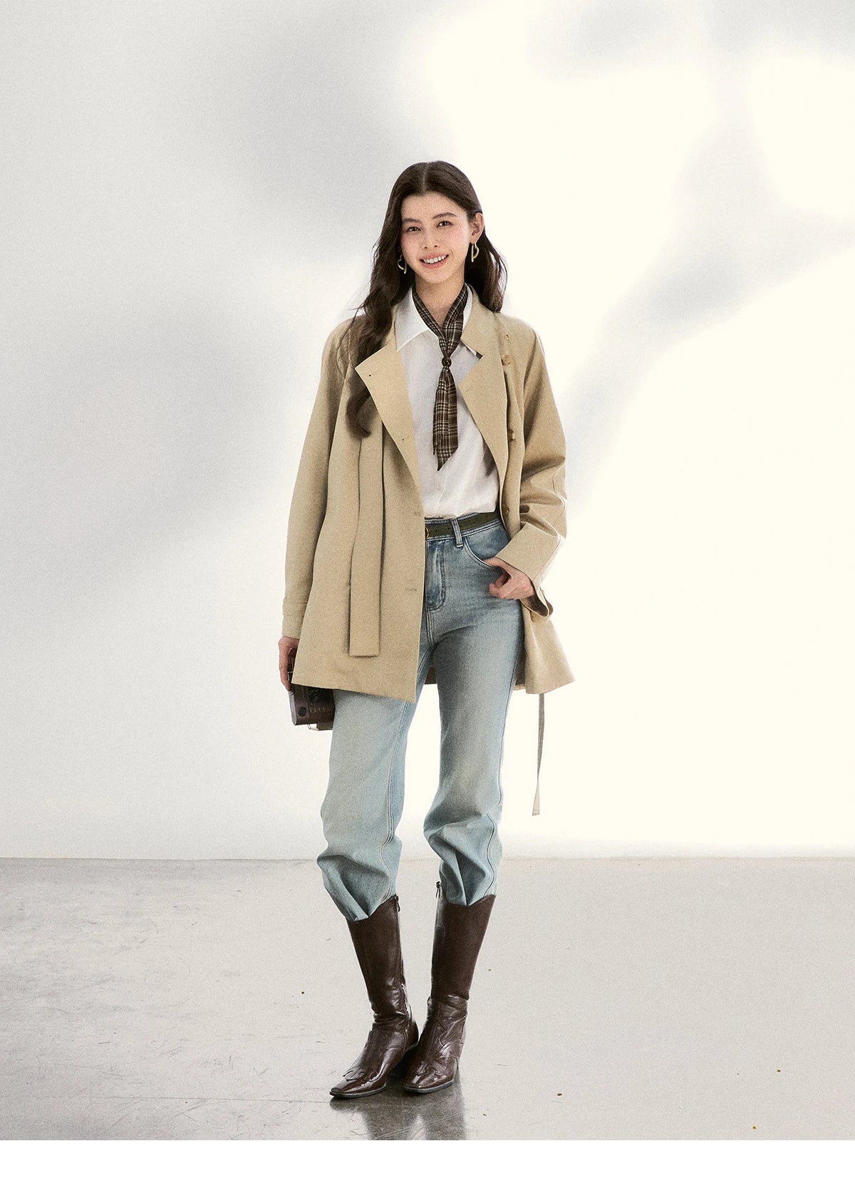 MISHOW Casual Loose Shirt with Plaid Scarf Lapel Top MXF108C0815