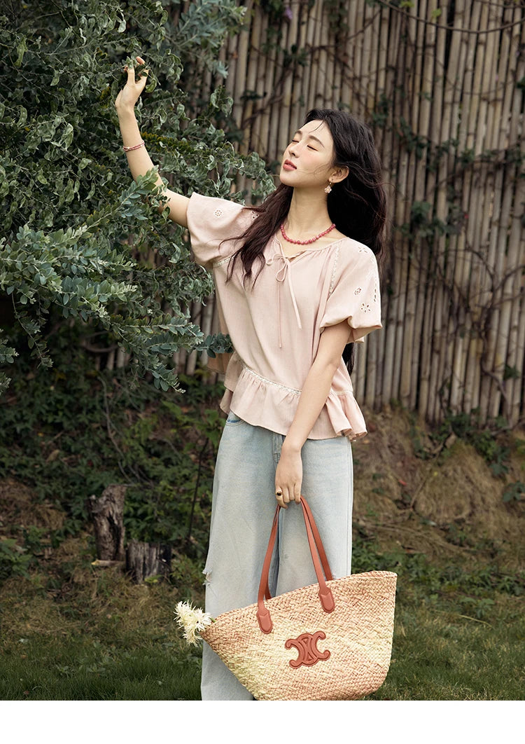 MISHOW Puff Sleeve Blouse Round Neck Hollow Embroidery MXE31X1747